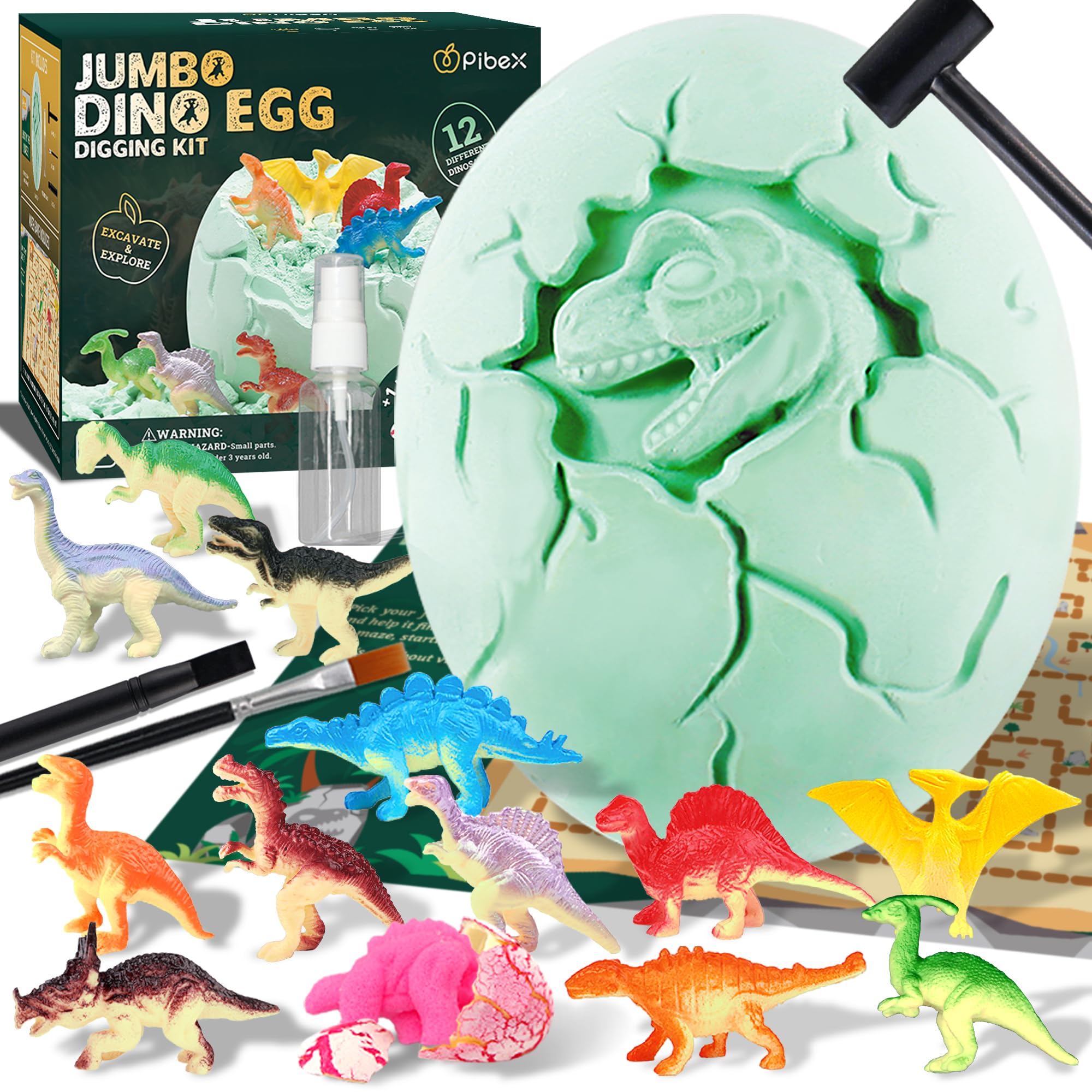PIBEX Jumbo Dinosaur Egg Dig Kit - Dig up 12+ Unique Dino Figures & Hatching Dino from Giant 6