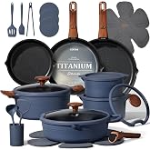 CAROTE 30pcs Titanium Cookware Set, Pots and Pans Set Detachable Handle | Non-Stick, Non-Toxic, Induction Compatible, Dishwasher &amp; Oven Safe, Space Saving, Camping Cooking, House Warming Gift, Blue