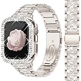 Newlibery Bling Watch Bands with Bling Case for Women Compatible with Apple Watch Band 49mm Elegant Dressy Jewelry Replacement Metal Link Wristband Protector Cover for iWatch Series Ultra 3/2/1 Starlight