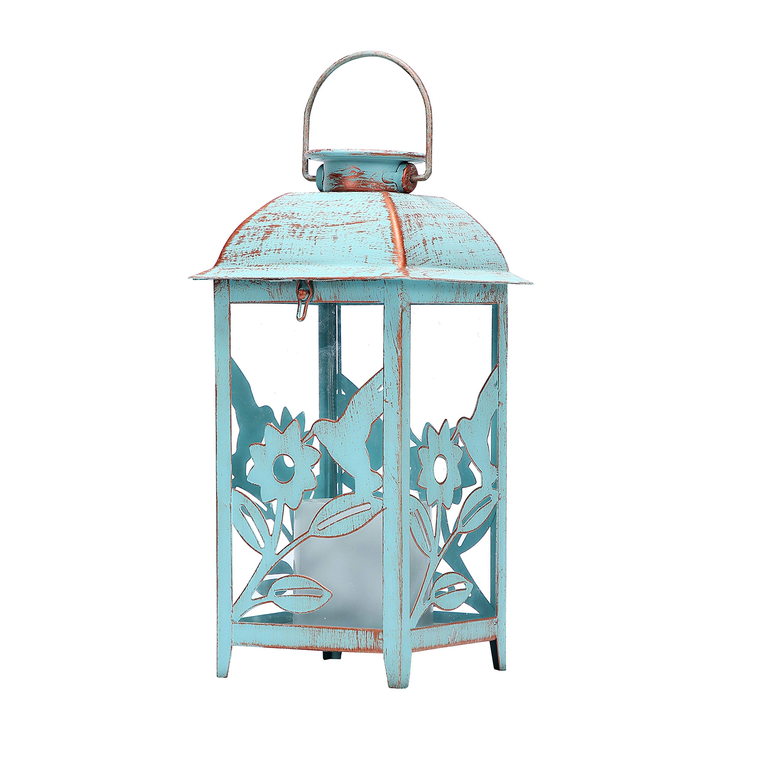Solar Lantern Outdoor Hummingbird Blue Decor Antique Metal and Glass Construction Mission Solar Garden Lantern Indoor and Outdoor Solar Hanging Lantern Entirely Solar Powered Lantern Low Maintenance