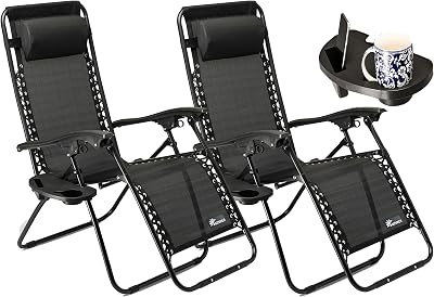 SUNMER Set of 2 Sun Lounger Garden Chairs with Cup Phone Holder Black