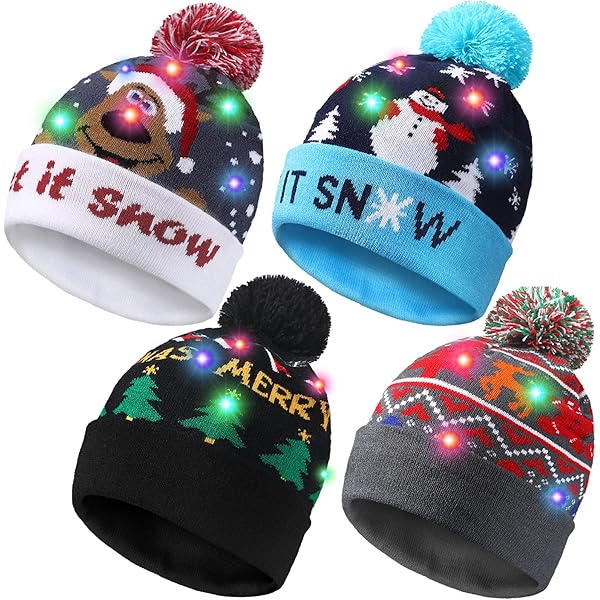 Pack De 3 Bonnets De Noël Lumineux à LED | Motifs Festifs (sapin, Bonhomme De Neige...) | Taille Unique Adulte/enfant