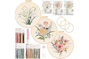JSRQT 3 Set Floral Embroidery Kit for Beginner Adult, Stamped Cross Stitch Starter Kit with Pre-printed Fabric, DIY Craft Han
