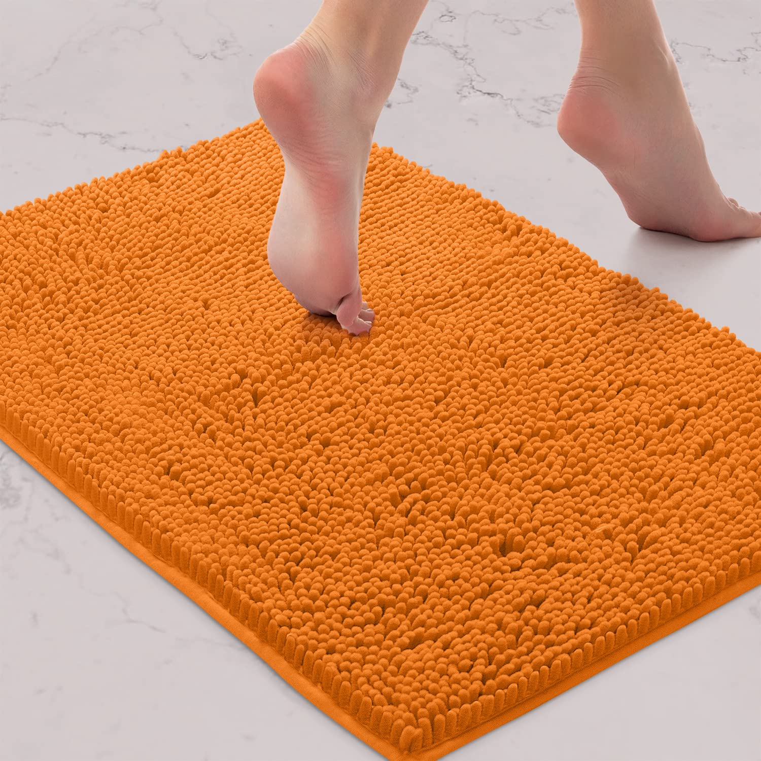 LuxUrux Bath Mat-Extra-Soft Plush Bath Shower Bathroom Rug, 1'' Chenille Microfiber Material, Super Absorbent Shaggy Bath Rug (Orange, 42 x 60 cm)