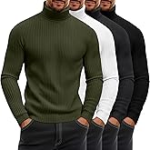 August Alley 4 Pack Men's Ribbed Turtleneck Shirts, Cotton Long Sleeve Slim Fit Mock Neck Tops Lightweight Pullover Sweaters