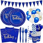DYLIVeS 204 Pcs Blue Birthday Decorations Packs, Blue and Gold Foil Dots Happy Birthday Party Supplies for Men Boys Navy Blue Plates and Napkins Cups Straws Balloons Banner Cutlery Set, Serve 24