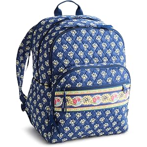 Vera Bradley Women's Premium Cotton Large Bancroft Backpack – 15" Laptop & Trolley Sleeves – Maison Blue, 28L