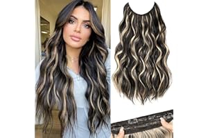 MORICA Invisible Wire Hair Extensions - 20 Inch Halo Hair Extensions Balck Mix Blonde Long Wavy Synthetic Hairpiece with Transparent Wire Adjustable Size, 4 Secure Clips for Women