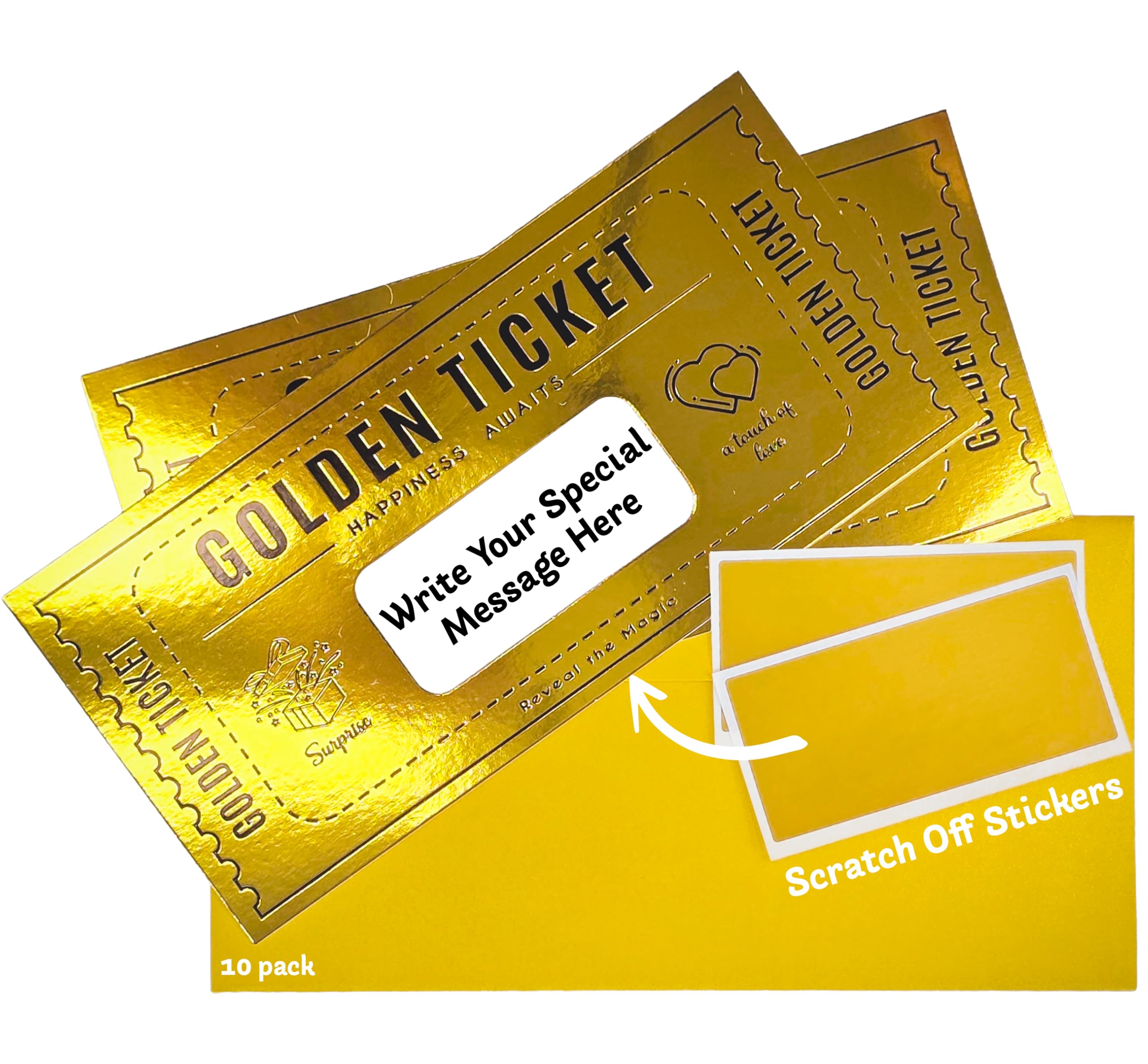 Deluxe Bulk Golden Ticket Surprise Scratch Off Card | Birthday Surprise Reveal Card | Ideal for Birthday Presents | Business Gift Cards | Gifts for Girlfriend Ideas | Gold Gift Wrap | 10 Pack