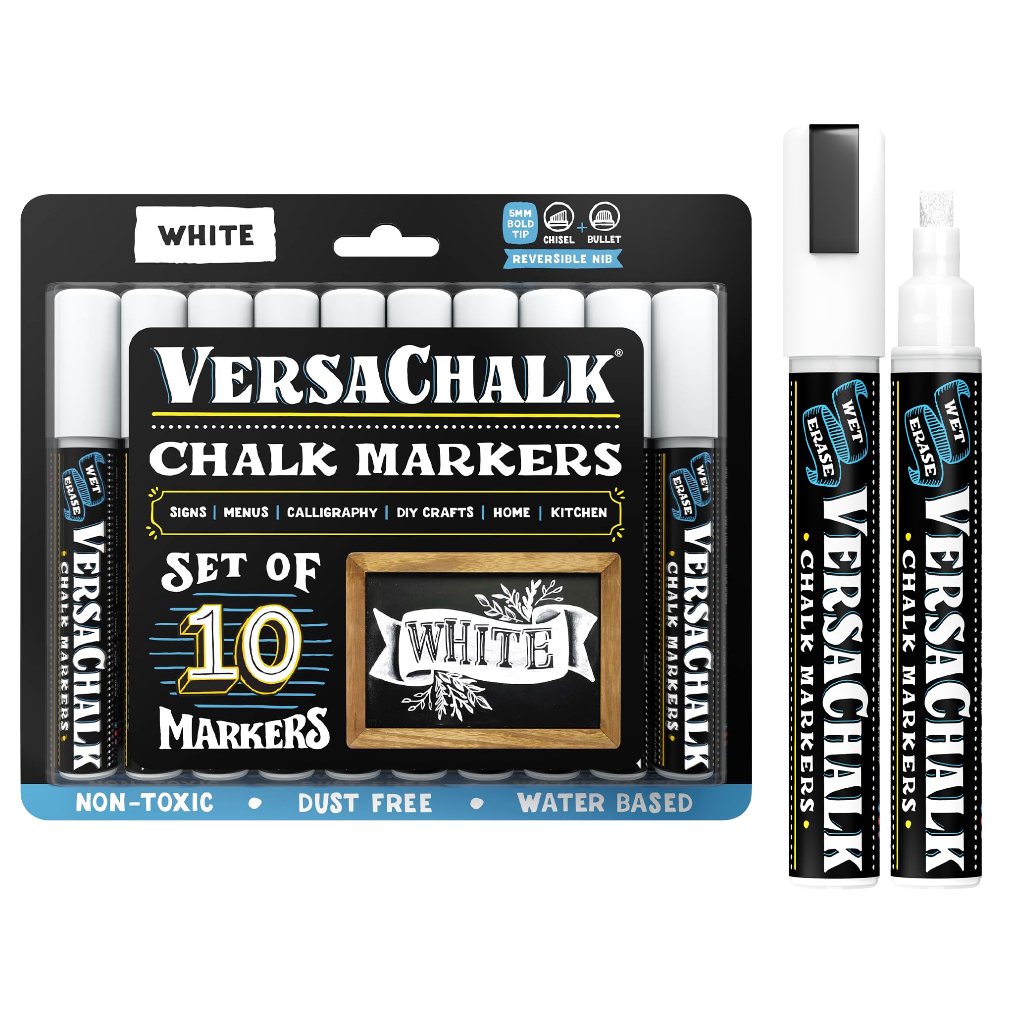 VersaChalk White Liquid Chalk Markers for Blackboards (Pack of 10, 5mm, Bold Tip)