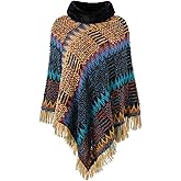 Ferand Women's Cozy Boho Turtleneck Poncho Sweater with Fringe Stylish Chevron Design for Winter