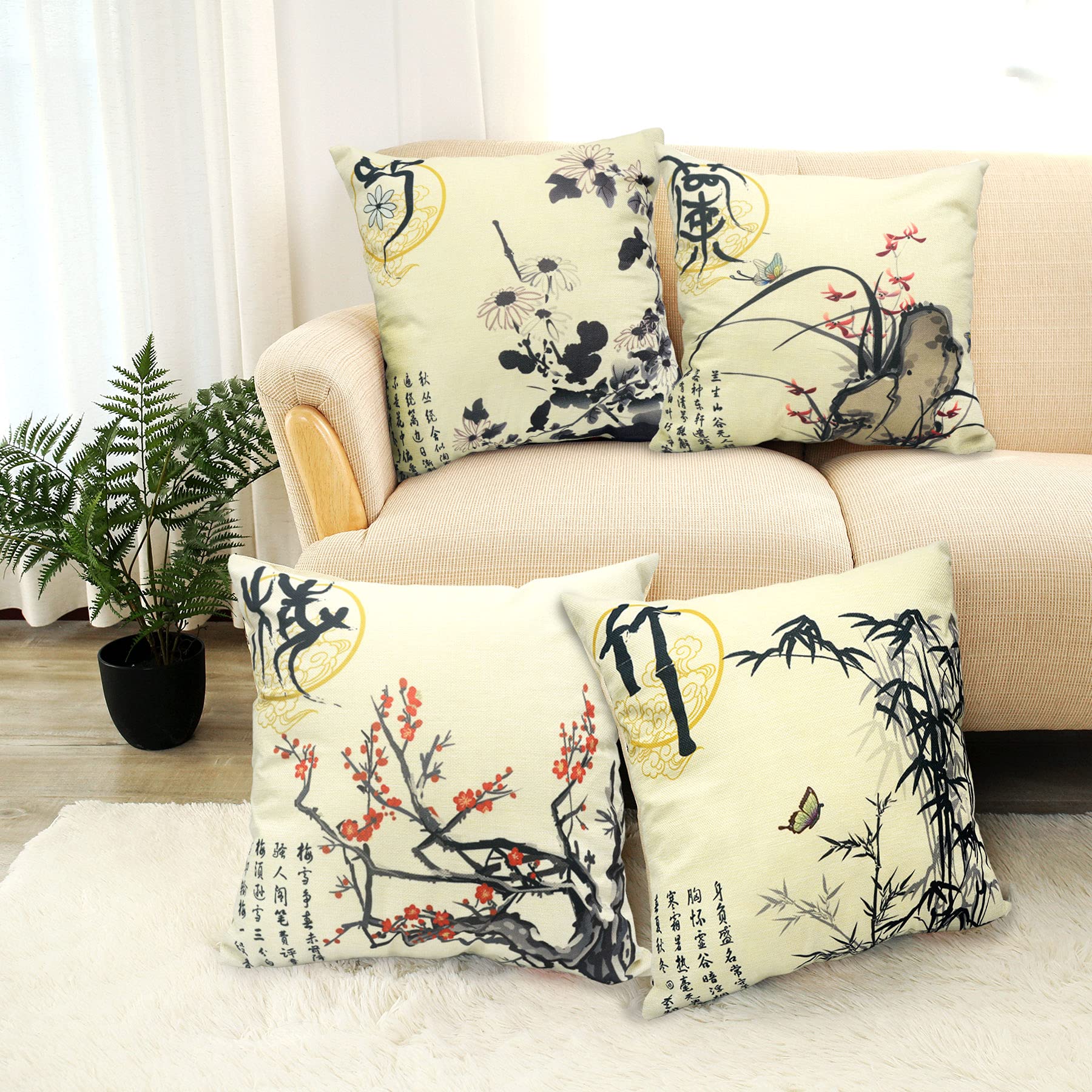 LIGICKY Cotton Linen Decorative Throw Pillow Cover, Print Square Pillow Cases Cushion Covers for Couch Sofa Bed Home Decor (18x18 Inches, Set of 4) (Chinese Ink Style)
