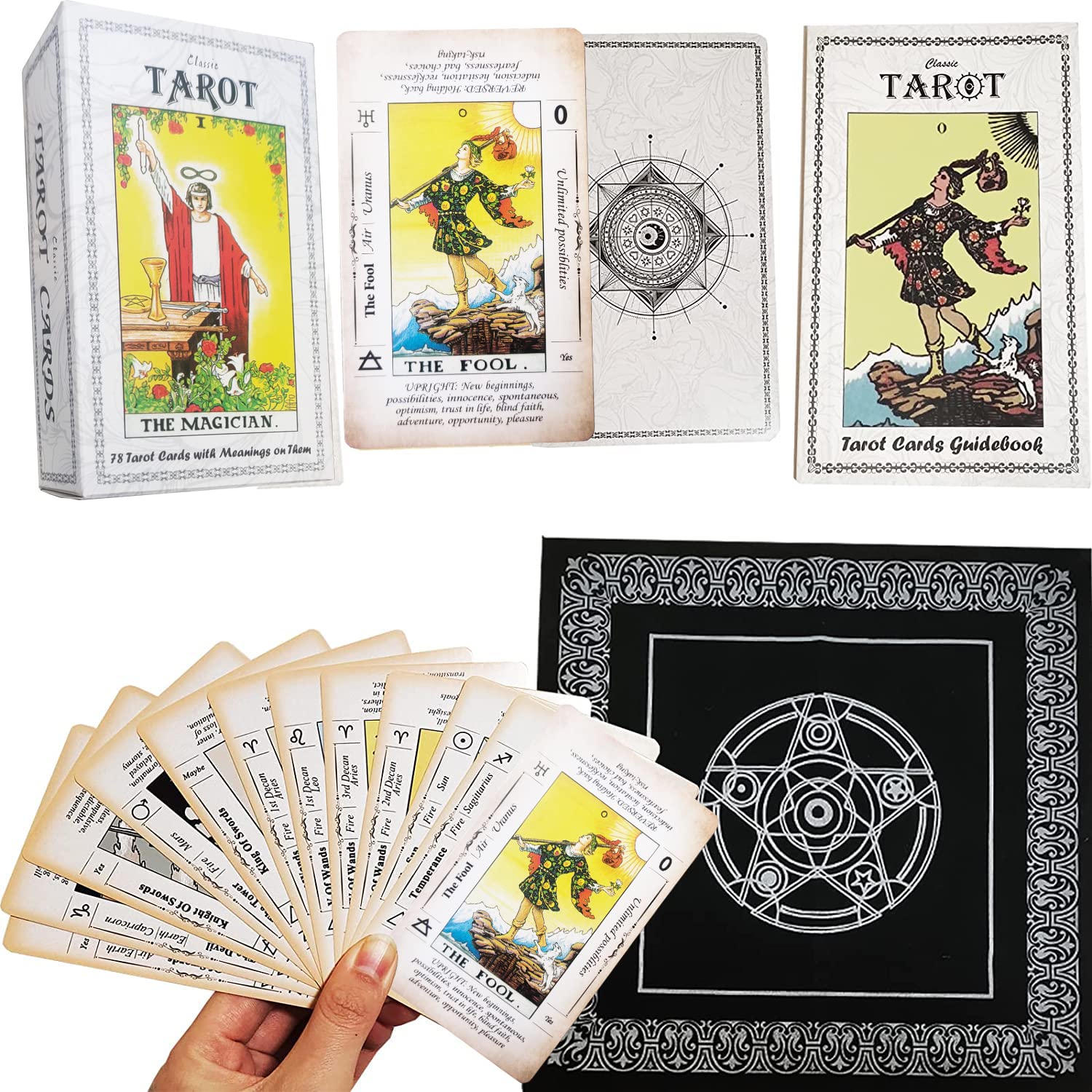 Tarot Cards Deck with Meanings On Them,Tarot Cards Deck for Beginners Tarot Deck with Guidebook and Tarot Tablecloth,Divination Tool