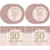 Juhap 50th Birthday Decorations for Women, Rose Gold Fifty Year Old Party Supplies Include 20 Plates 20 Napkins, Pink 50 Aged Birthday Party Tableware