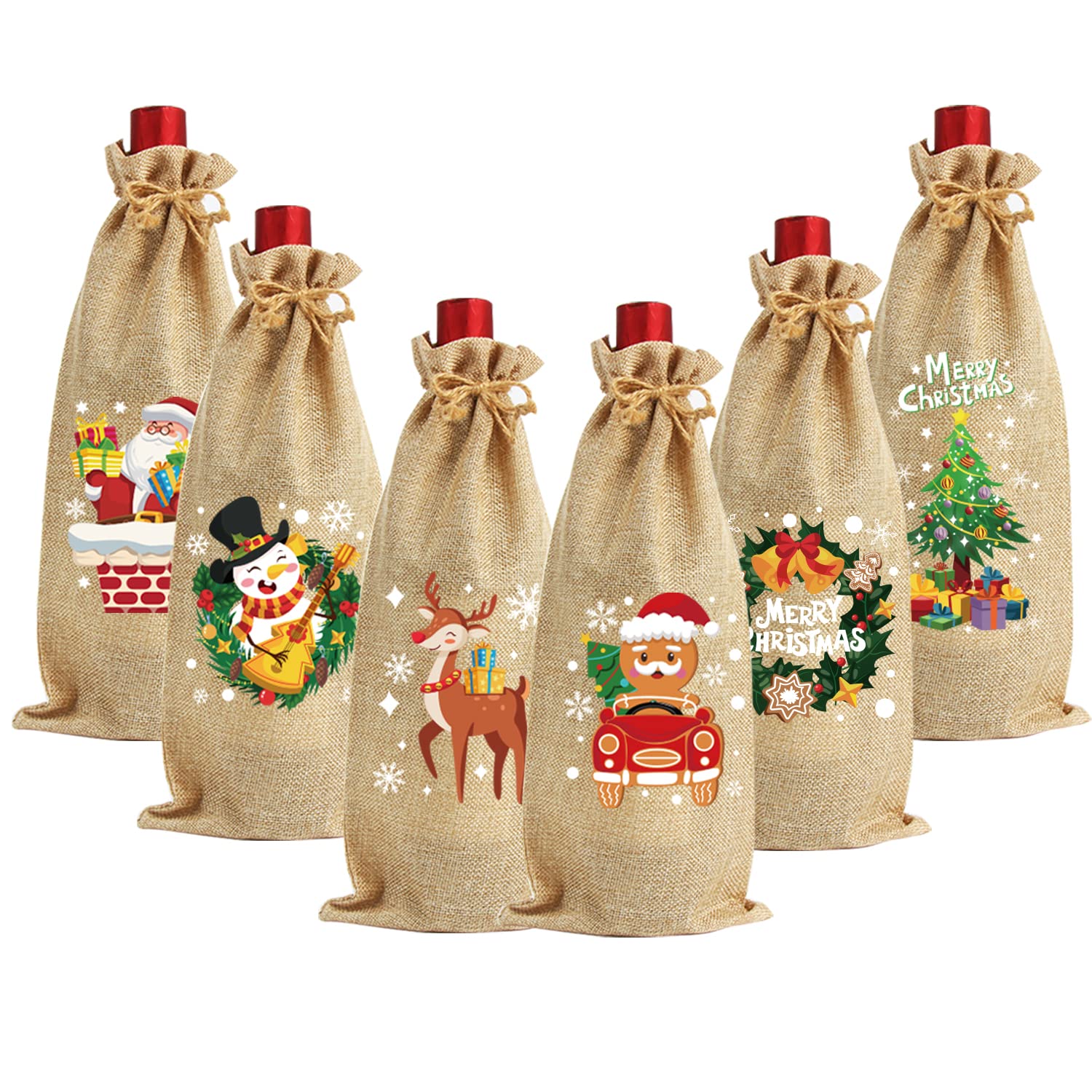 VEYLIN Burlap Wine Bags Decoration, 6 Pack Christmas Bottle Bags Hessian for Winter Holiday Party Supplies (Yellow)