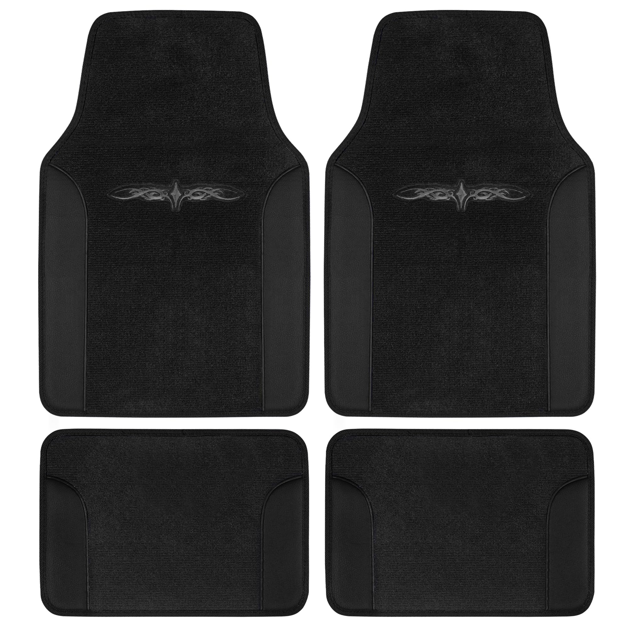 BDK carXS Fresh Two-Tone Carpet Floor Mats, Tribal Tattoo Design with Vinyl Trim for Car Sedan Truck SUV, Front & Rear Set of 4, Black