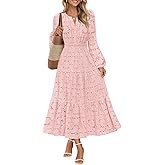 MEROKEETY Women's Fall Long Sleeve Floral Maxi Dress Lace Eyelet Hollow Out Tiered Boho Wedding Guest Dresses Pockets