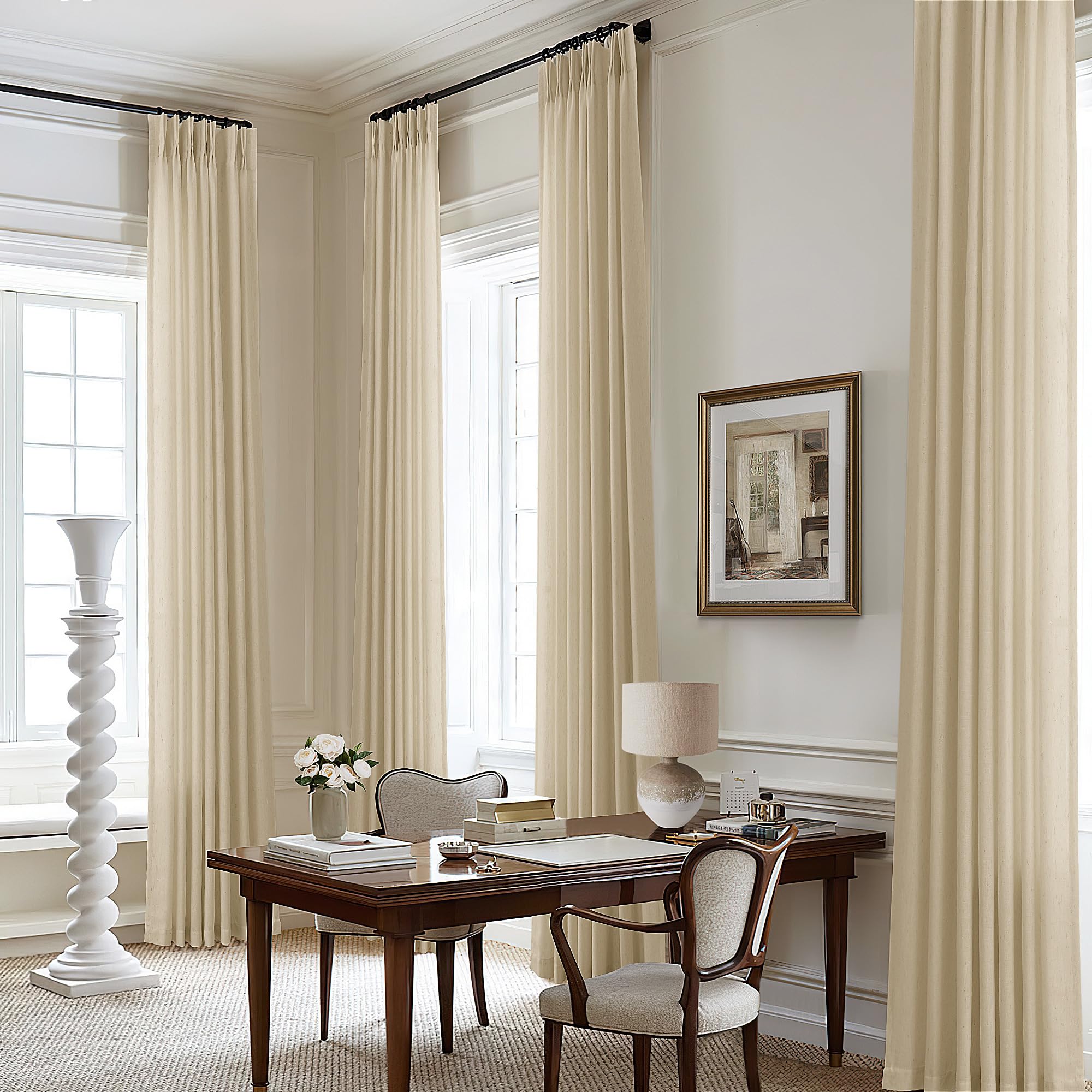 Photo 1 of Pinch Pleated Linen Sheer Curtains 108 Inches Long for Living Dining Room with Hooks Rings Back Tab Pinch Pleat Drapes Extra Long Beige Tan Light Filtering 108 Inch Curtains for Bedroom 9FT 1 Panel