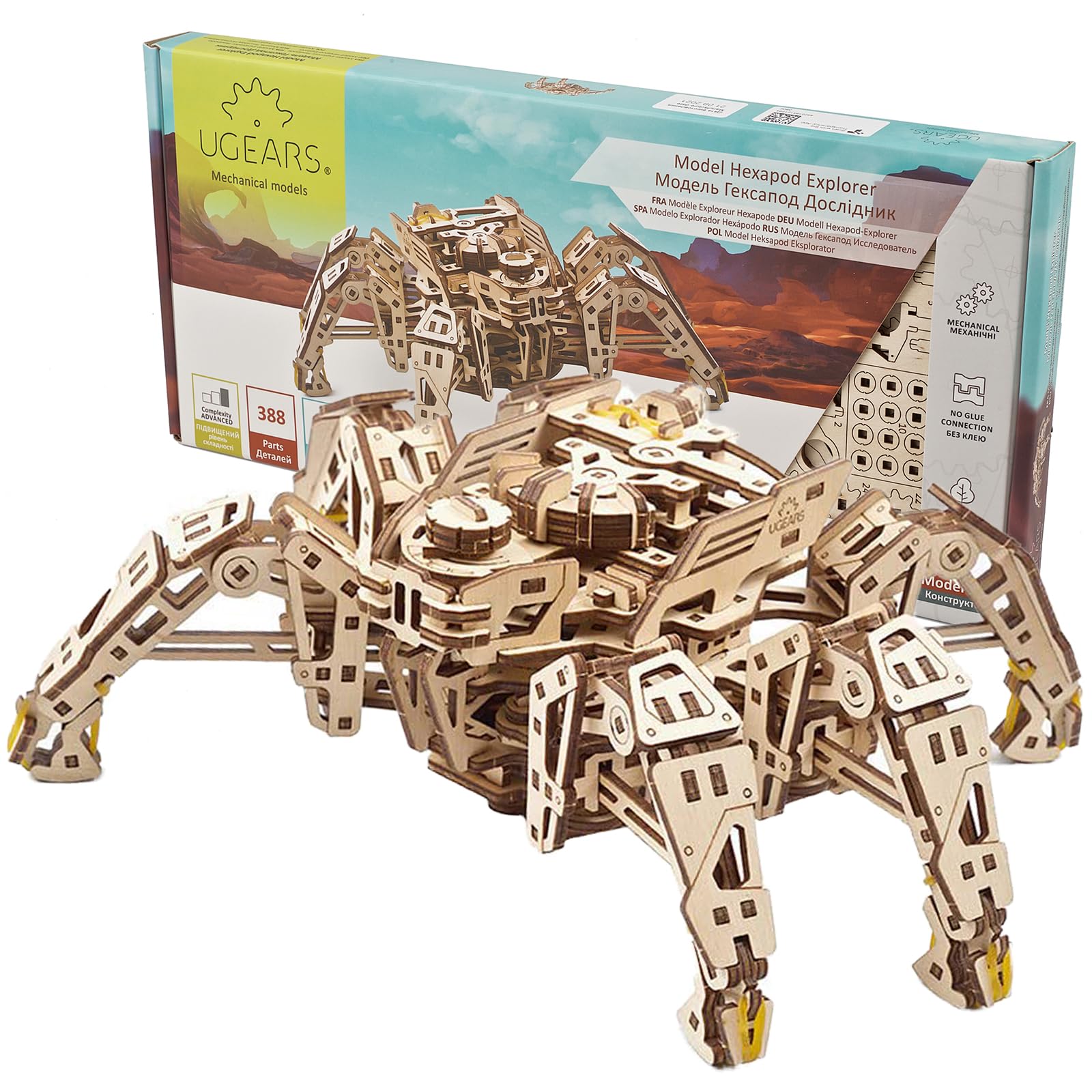 Ugears Hexapod Explorer 3D Puzzle - Walking Robot Wooden Model Kits for Adults to Build - Self-Propelled 6-Legged Mechanical Crawler Craft Kit - 3D Wooden Puzzles for Adults for Christmas