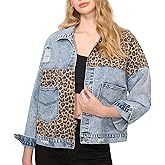 NiceQ Women Jean Jacket Leopard Denim Jackets for Women Cheetah Print Jacket Coats, Washed Long Sleeve Ripped Jean Coat