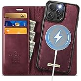 PlusnapX Wallet Case for iPhone 14 Pro Compatible with Magsafe, 2-in-1 PU Leather Flip RFID Blocking Card Holder Stand Shockproof Magnetic Detachable Case for iPhone 14 Pro Case 6.1", Burgundy