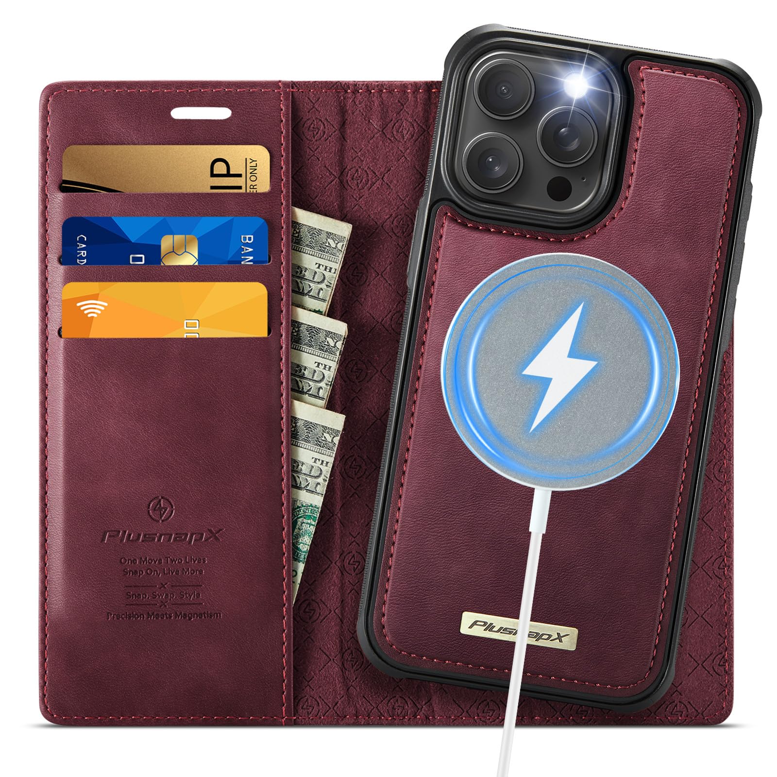 PlusnapX Wallet Case for iPhone 15 Pro Max Compatible with Magsafe, 2-IN-1 PU Leather Flip RFID Blocking Card Holder Stand Shockproof Magnetic Detachable Case for iPhone 15 Pro Max Case 6.7", Burgundy