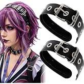 Milovgvset 2-Piece Gothic Punk Metal Buckle Headband for Women, Adjustable Belt Design Black Faux Leather Hair Band with Metallic Eyelets, Edgy Rock Streetwear Hair Accessories for Festivals