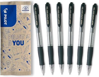 - Set di 6 Penne a sfera Super Grip - Penna a scatto ricaricabile - Nero - Punta Media