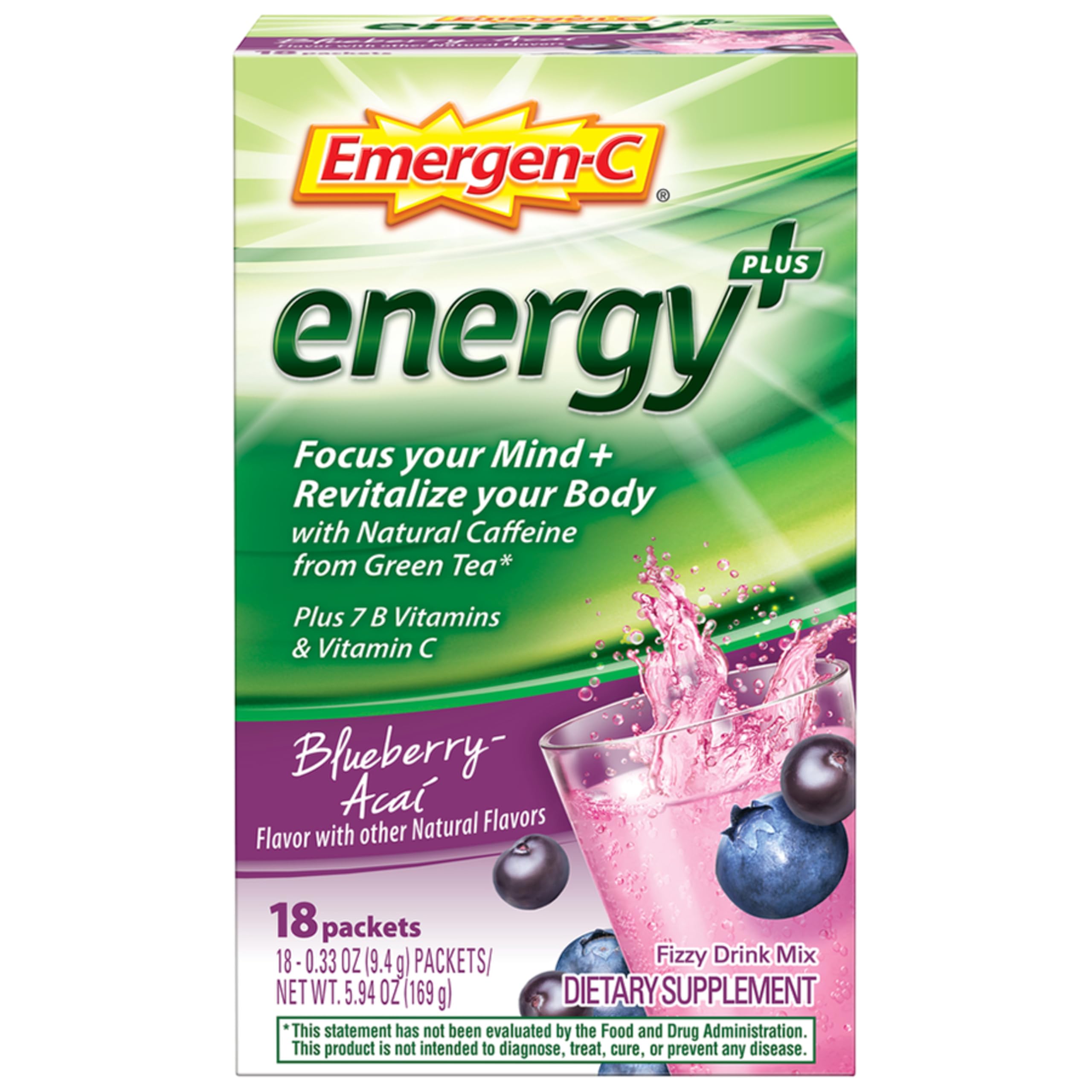 Emergen-C Energy+, With B Vitamins, Vitamin C And Natural Caffeine From Green Tea(Blueberry Acai Flavor) Dietary Supplement Drink Mix, 0.33 Ounce Powder Packets(Pack of 18)