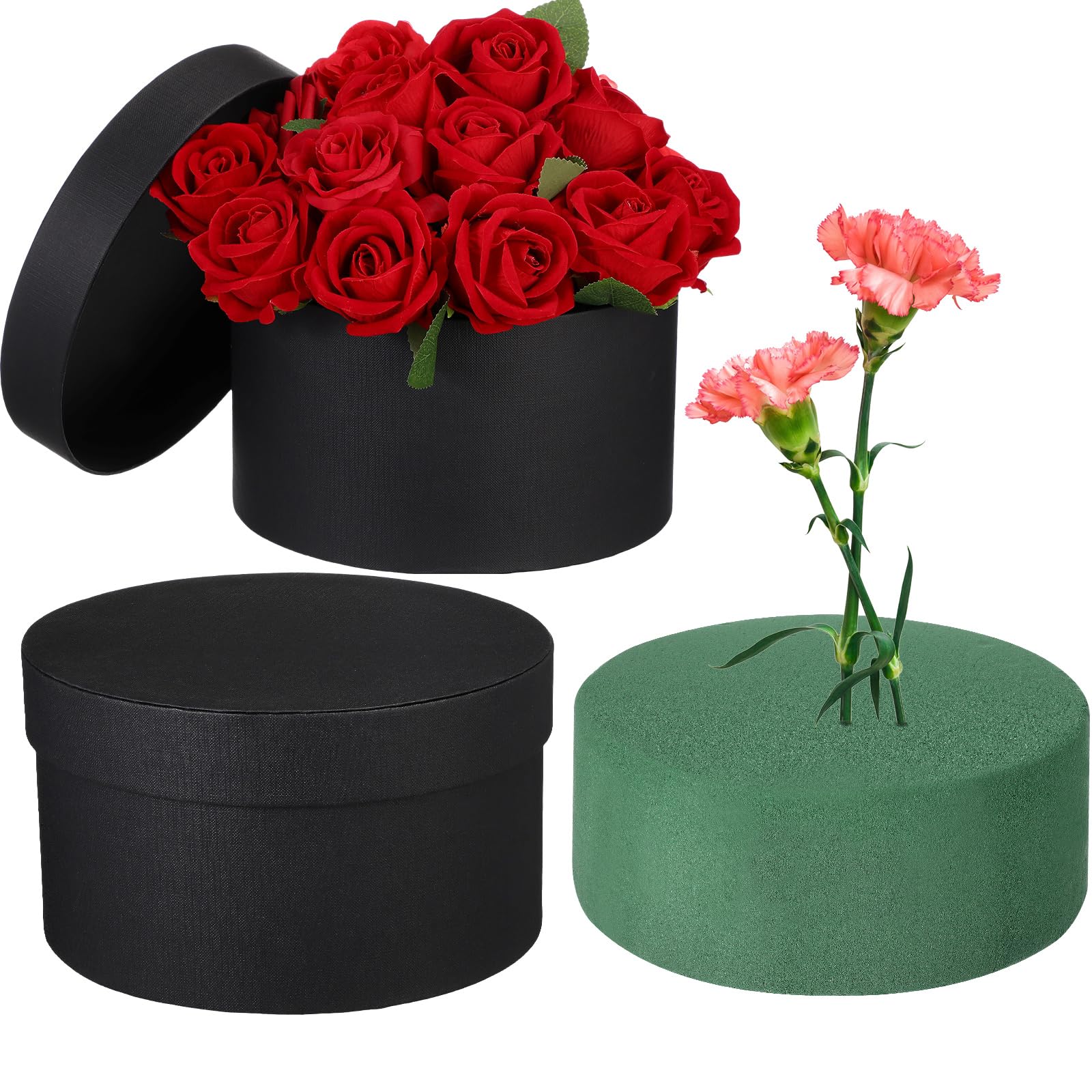 Photo 1 of Nuenen Round Gift Box with Lid & Floral Foam Set, Black, 2 pcs, Gift Boxes for Flowers for Mother's Day Bridesmaid Wedding Baby Showers