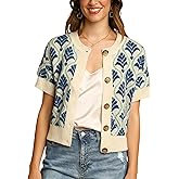 MINSURE Women's Short Sleeve Floral Cardigan Crewneck Button Down Patterned Cropped Knit Sweater Outerwear