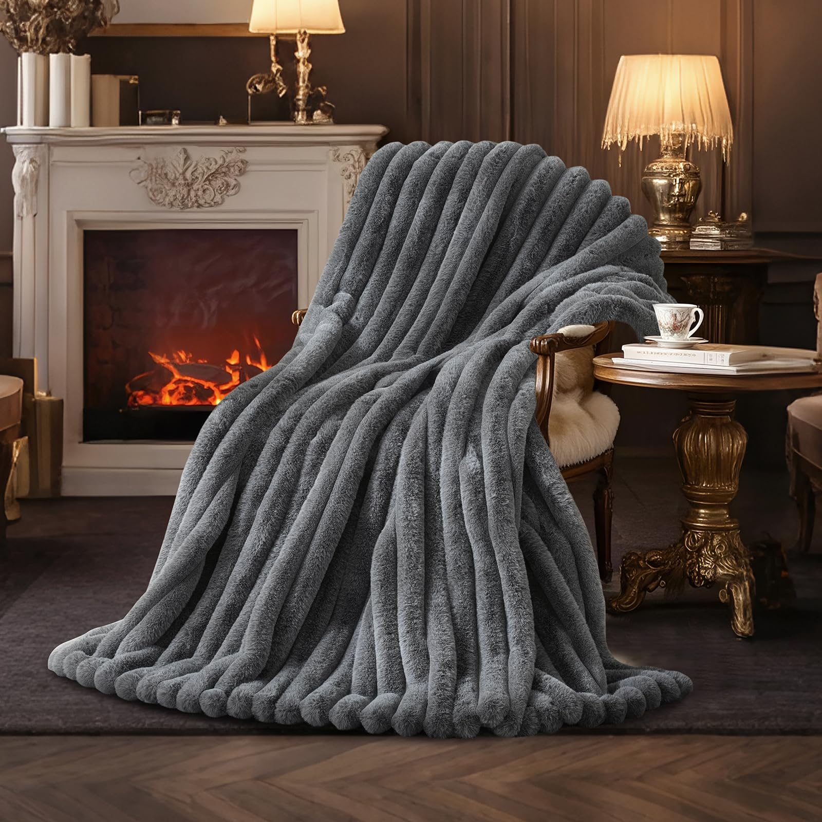 Photo 1 of Amélie Home Faux Fur Throw Blanket for Couch, Ultra Cozy Fuzzy Fluffy Fur Luxurious Soft Striped Plush Gift Blankets for Family Sofa Chair Bedroom, 55"x70", Ionic Wolf Gray