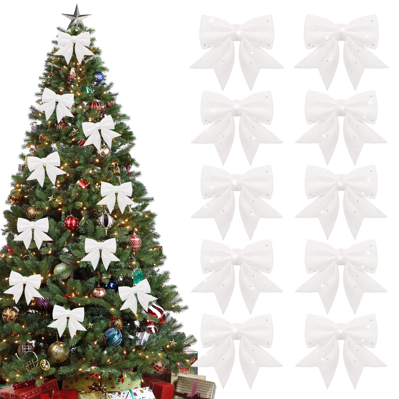 Shining She 10 Packs Glitter White Christmas Bows Decorations, Small Christmas Tree Bow Ornaments, Sequin Bow Ties for Xmas Wreaths, Garland, Tree Decoration