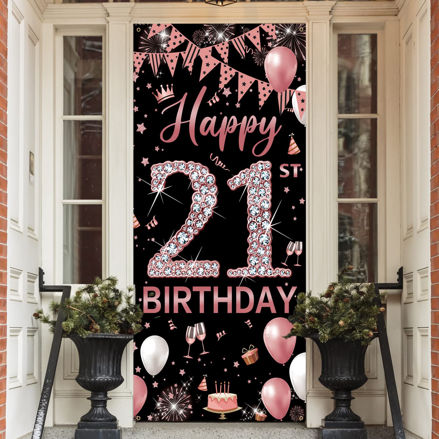 Photo 1 of 21st Birthday Decorations Door Banner, Rose Gold Happy 21st Birthday Decorations for Her, Door Cover Sign Poster Decorations, 21 Bday Party Decor Backdrop for Women 6.1ft x 3ft Fabric PHXEY