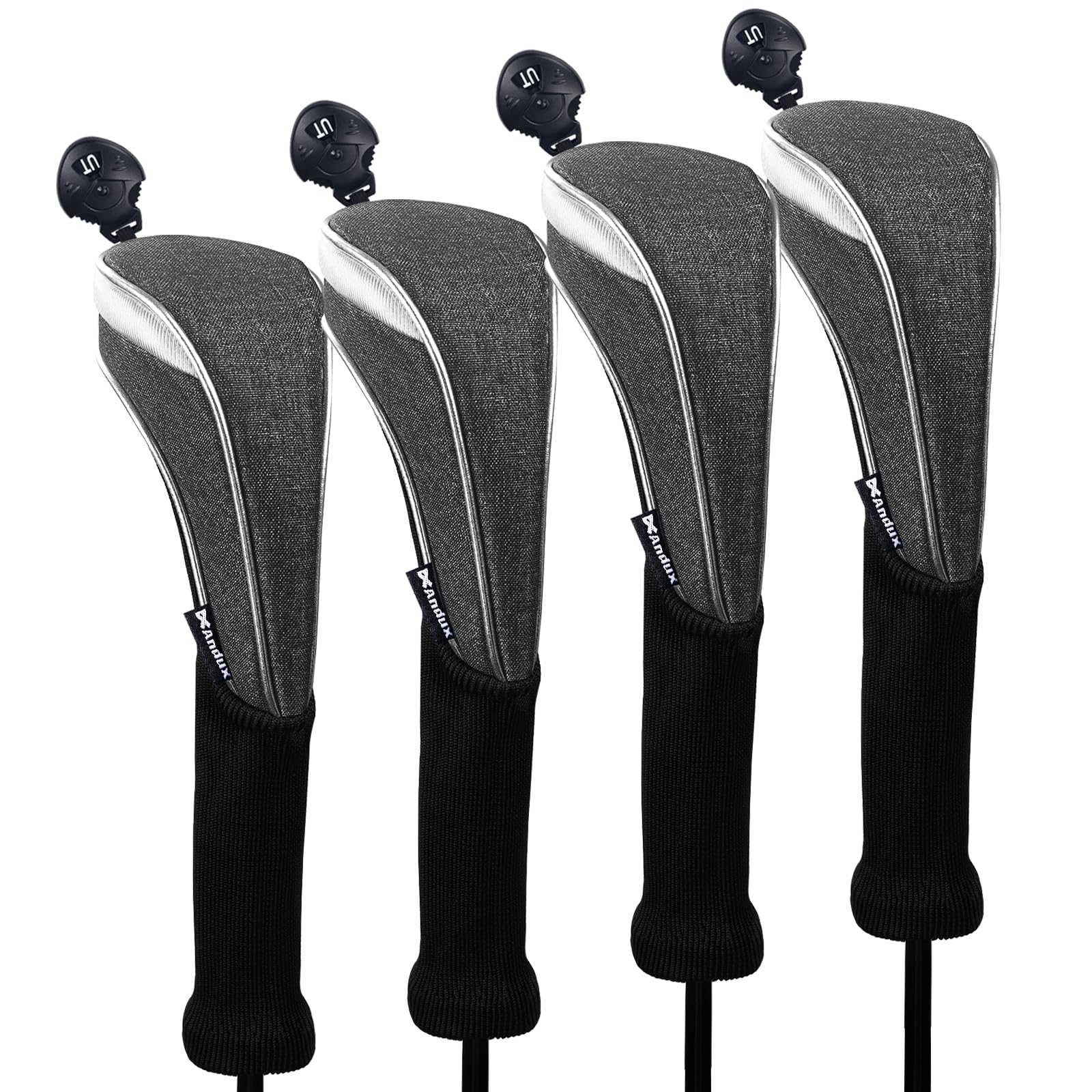 Andux 4 Pack Nylon Long Neck Golf Hybrid Club Head Covers with Dial No. Tag CTMT-03 Black/grey