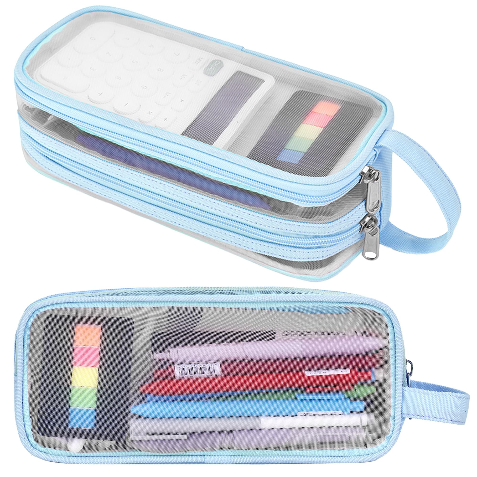 Photo 1 of Large Grid Mesh Pencil Case, 2 Compartment Pen Pouch with Zipper, Clear Handheld Multifunction Pen Bag for School, Office, Teen Girls Boys, Travel Organizer Transparent Makeup