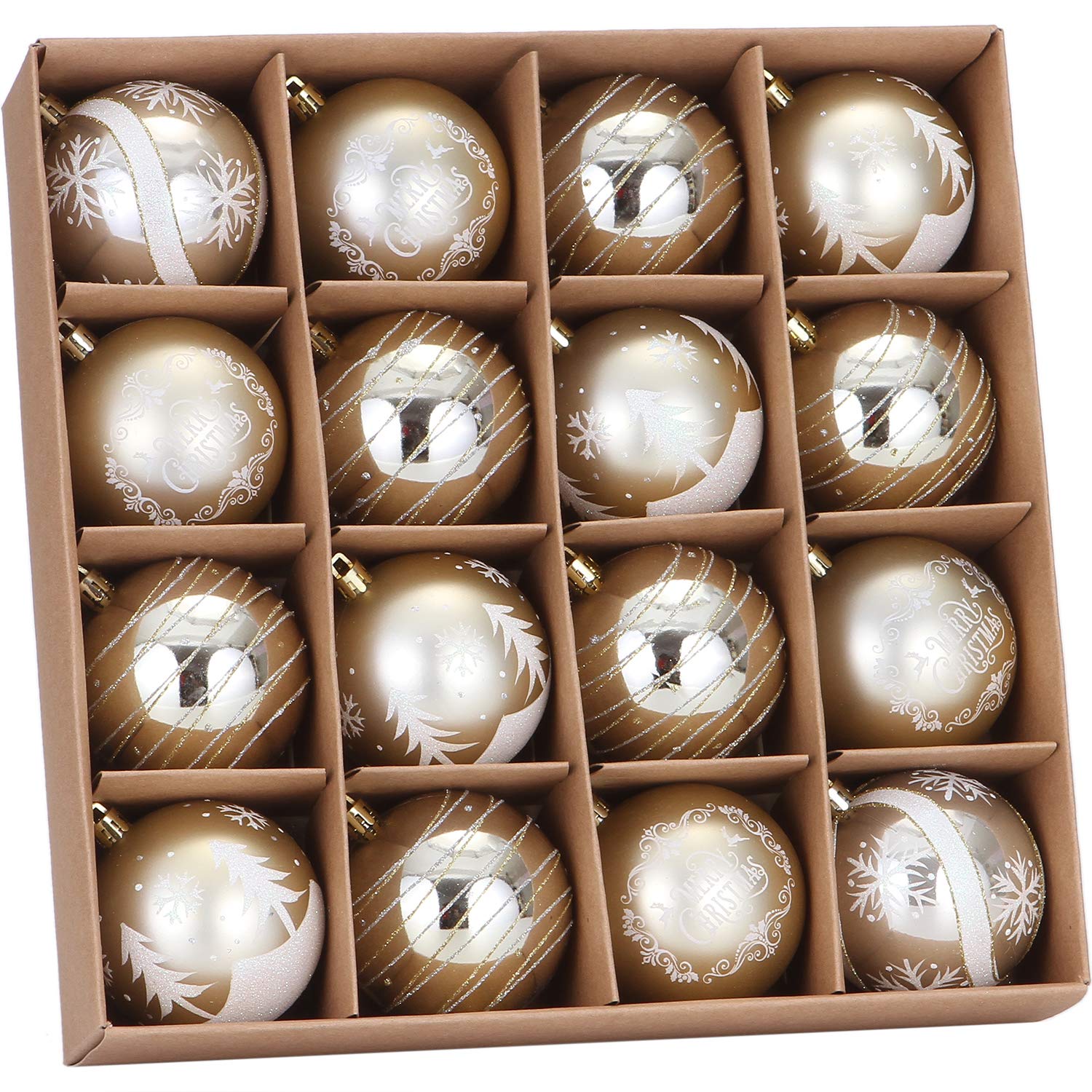 Sea Team 80mm/3.15" Delicate Painting & Glittering Shatterproof Christmas Ball Ornaments Decorative Hanging Christmas Ornaments Baubles Set for Xmas Tree - 16 Counts (Gold)