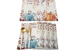 VANDARLLIN Fall Thanksgiving Placemats Set of 6, Watercolor Autumn Pumpkins Eucalyptus Leaves Heat Resistant Washable Linen Table Place Mats Party Holiday Decor for Home Kitchen Dining Outdoor Indoor,Blue Orange