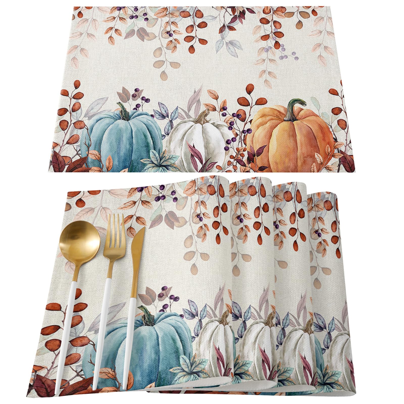 Photo 1 of Fall Thanksgiving Placemats Set of 6, Watercolor Autumn Pumpkins Eucalyptus Leaves Heat Resistant Washable Linen Table Place Mats