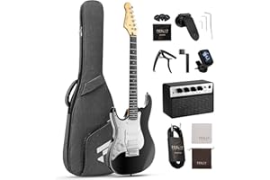 Fesley Left-Handed Electric Guitar: 39" Full Size Beginner Electric Guitar Kit, HSS Pickup, Solid Body Guitar Starter Set with Amplifier, Bag, Strap, String, Cable, FST100L, Black