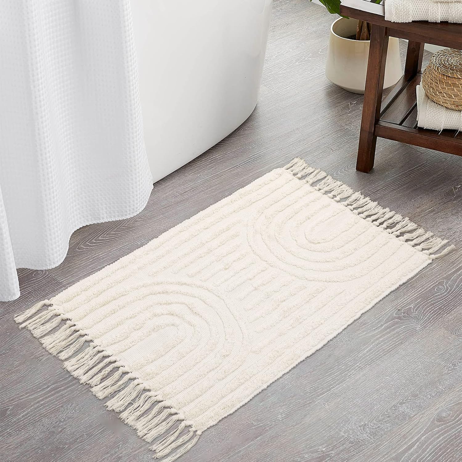 INKAROBOX Cotton Rug with Tassels, Hand Woven, Chic, Boho, Bath Mat, Kitchen Runner, Farmhouse Cotton, Ideal for Living Room, Bedroom etc (Beige Rainbow, 60 x 90 cm)