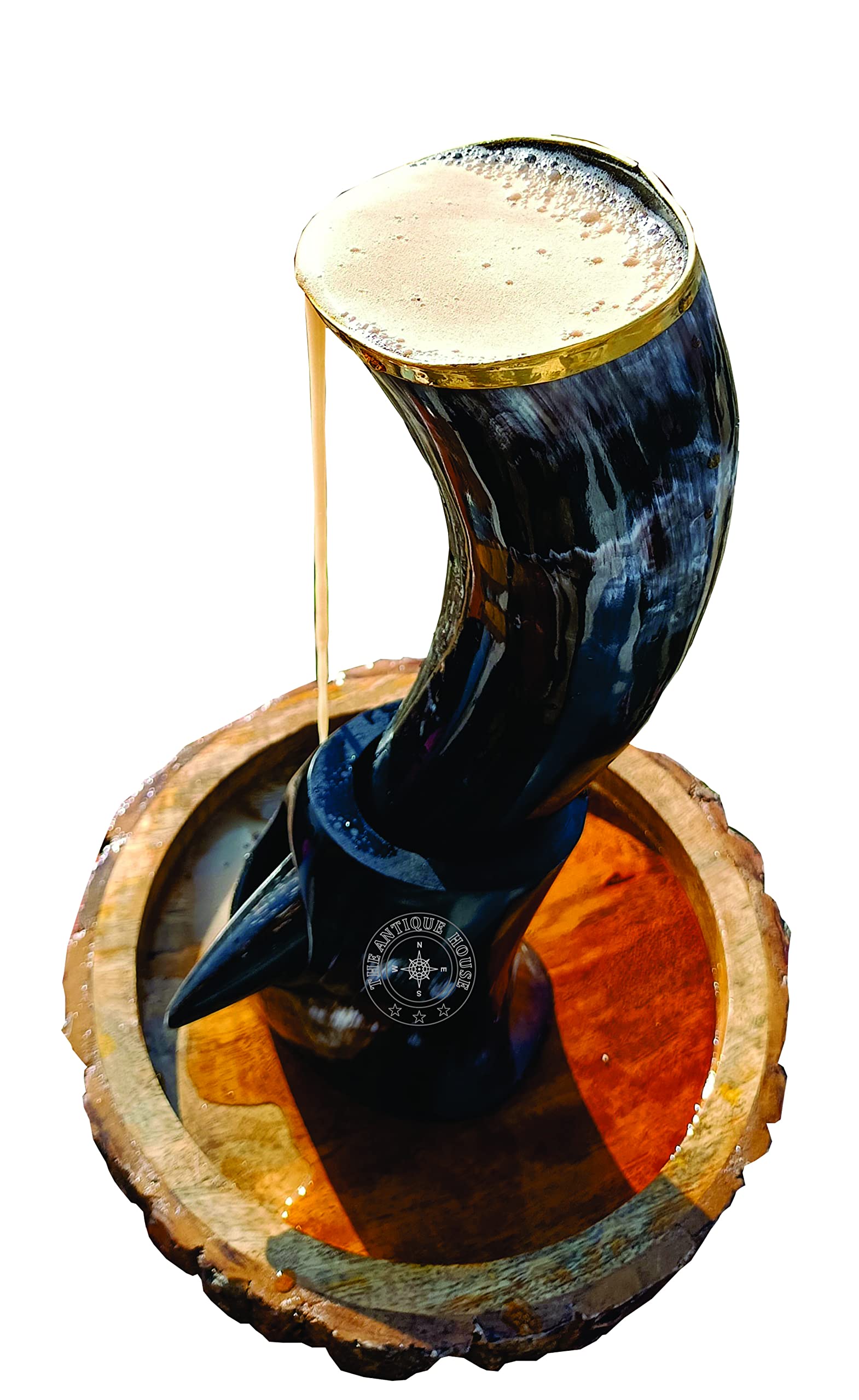 100% Natural Black Viking Drinking Horn Mug Cup with Stand for Beer Wine Mead