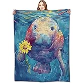 VODRM Manatee Blanket Playful Ocean Animal Throw Blankets with Sunflower,Birthday Gifts for Kids Adult,Lightweight Soft Fleece,for Sofa Couch Bed Room Art Artistic Whimsical Decor 50x60in