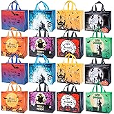 XiaosRen 16Pcs Multifunctional Non-Woven Tote Bags with Handles, Large Reusable Happy Halloween Bags for Gifts, Party Supplies, 12.6x10x6.7