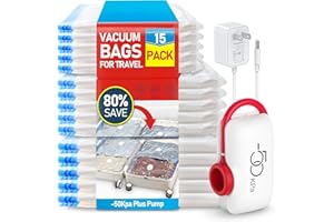VMstr Travel Vacuum Storage Bags With High Pressure Electric Pump, 15 Pack Compression Sealing for Clothes and Clothing Luggage Suitcase Packing, Carry-on Travel Size