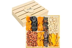 Anna and Sarah Gourmet Dried Fruit & Nuts in Wooden Gift Box Includes Strip Mango-Fancy Dates-Pear-Peach- Apricot-Dried Prune-Apricot-Oregon Hazelnut and California Pistachios Kosher-Halal For Christmas-Holiday for Mom-Dad-Boy-Girl Everyone