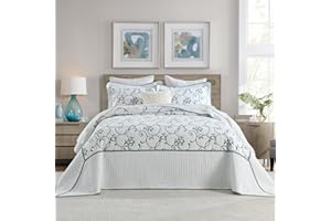 FineStichery Oversized King Bedspread 120"x120" - 100% Cotton California King Quilt, Embroidered Bedspread Coverlet with Pillow Shams, Lightweight Quilted Bedding Set 3 Piece, Blue/White