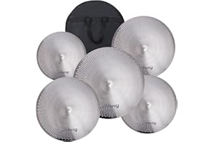 Eddaray Low Volume Cymbal Pack - Mute Set 14' Hihats Pair, 16" Crash, 18' Crash, 20" Ride - 5 Pieces Drum Set for Quiet Practice With FREE Carry Bag, Chrome