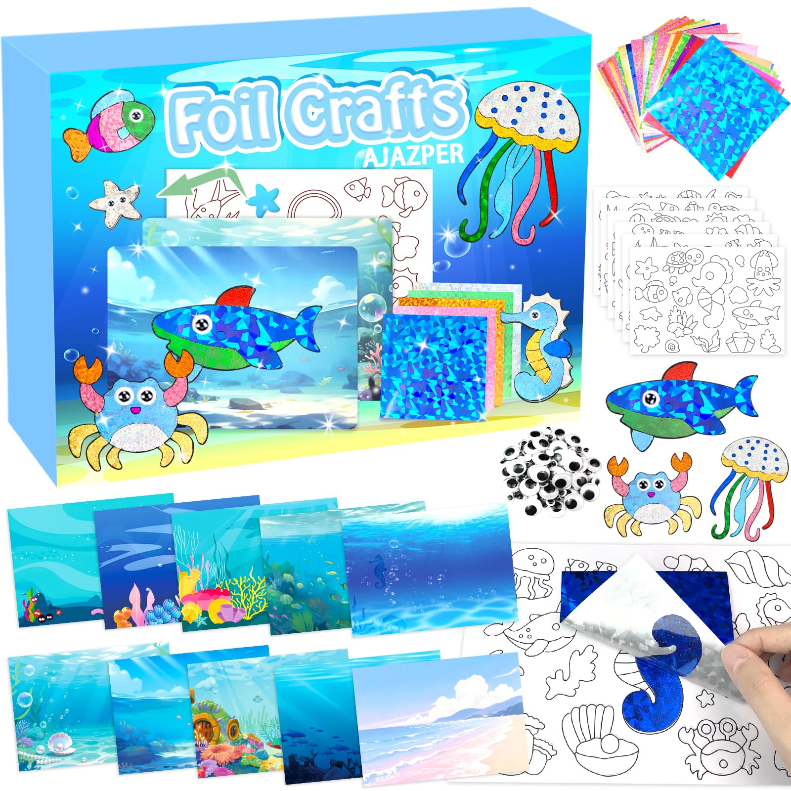 AJAZPER Foil Crafts for Kids, Arts Kit for Kids, Art & Craft Supplies Kits, DIY Creative Activity Travel Toy Gift, Ideal Birthday Christmas Party Favor Gifts for Girls Boys Ages 4+ (Blue)