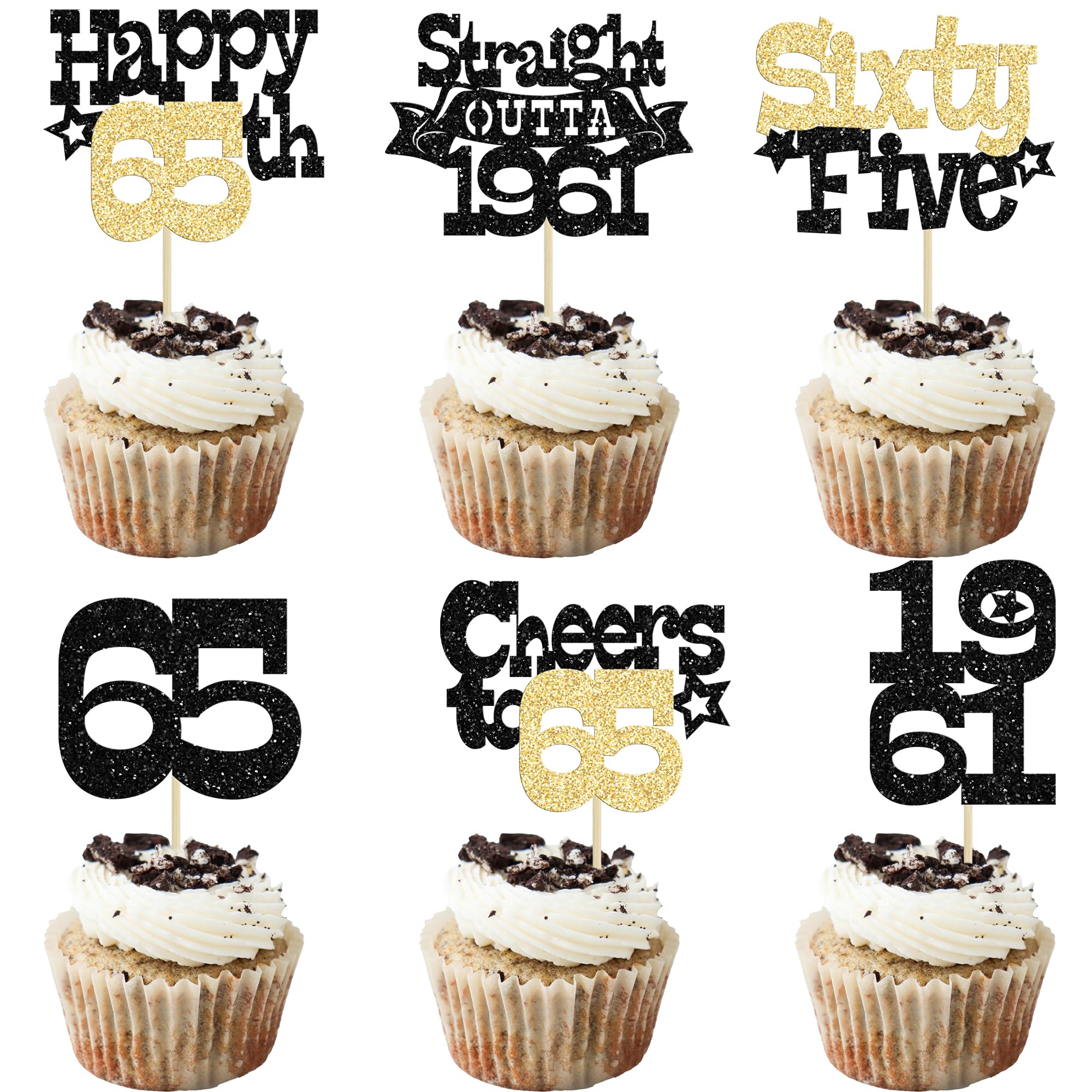 Ephlyn 30Pcs Straight Outta 1961 Cupcake Toppers Glitter Sixty Five Happy 65th Birthday Cupcake Picks Cheers to 65 Years Cake Decorations for Happy 65th Birthday Anniversary Party Supplies Black Gold